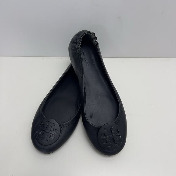 Tory Burch Minnie Travel Matte Black Leather Round Toe Ballet Flats Size 8 - Picture 1 of 10